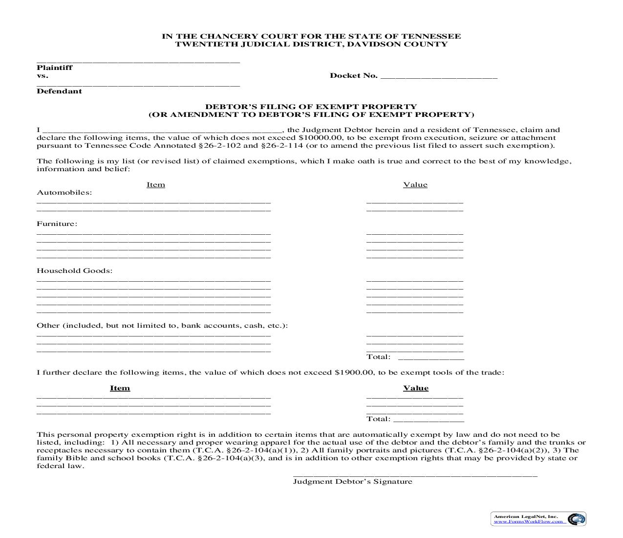 Debtors Filing Of Exempt Property | Pdf Fpdf Doc Docx | Tennessee