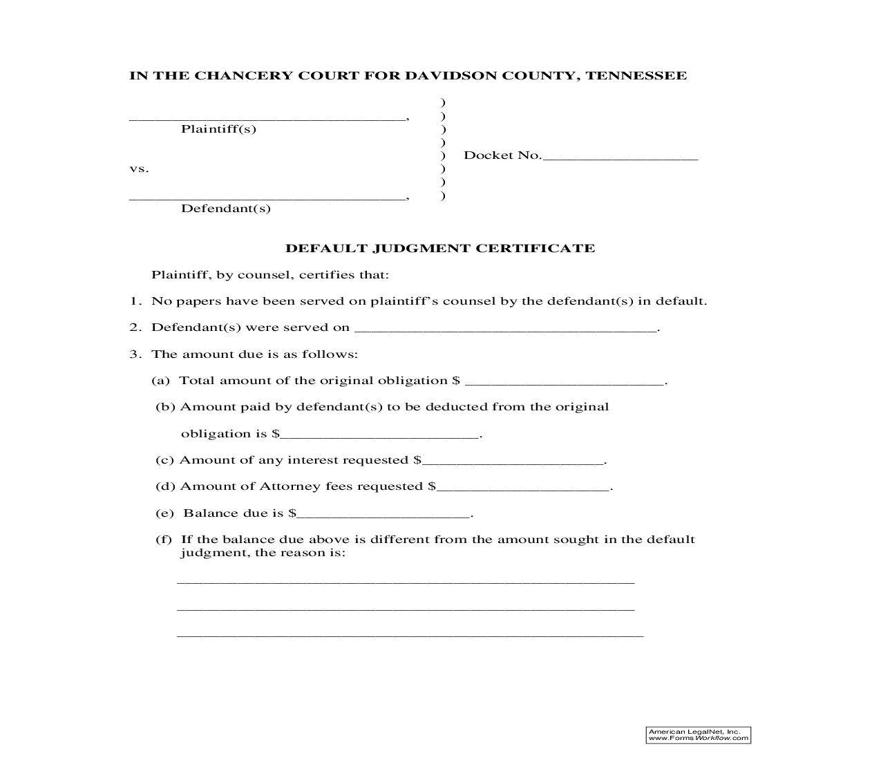 Default Judgment Certificate | Pdf Fpdf Doc Docx | Tennessee