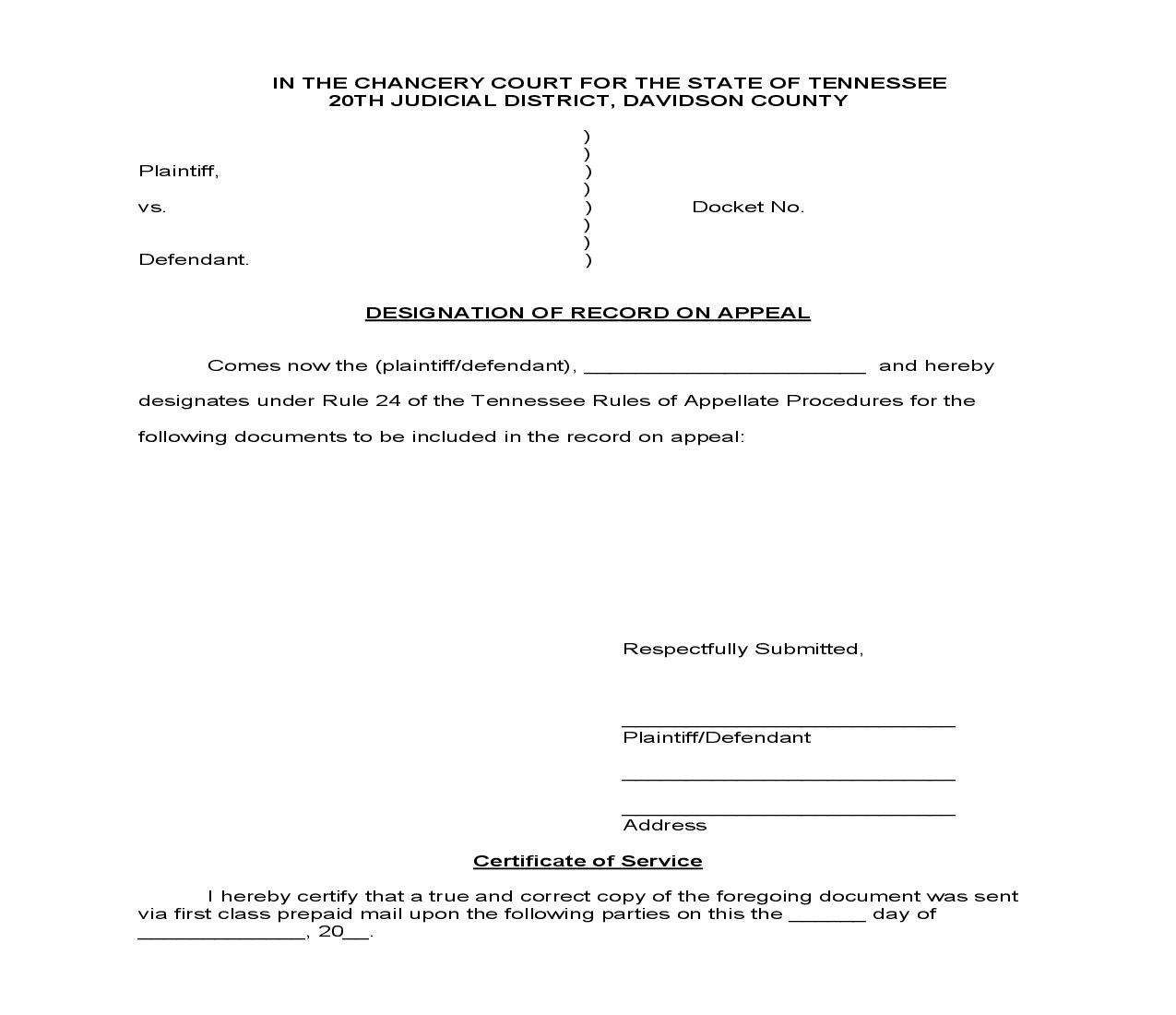 Designation Of Record On Appeal | Pdf Fpdf Doc Docx | Tennessee