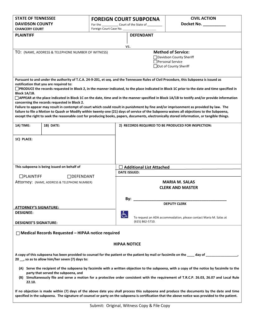 Foreign Court Subpoena | Pdf Fpdf Doc Docx | Tennessee