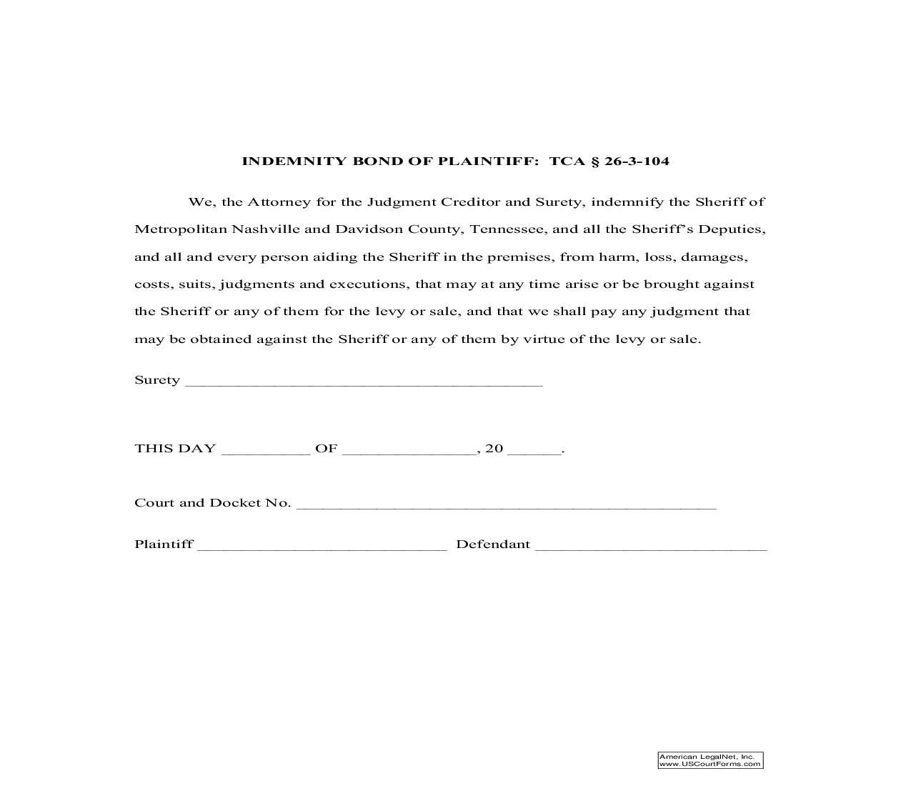 Indemnity Bond Of Plaintiff TCA Section 26-3-104 | Pdf Fpdf Doc Docx | Tennessee