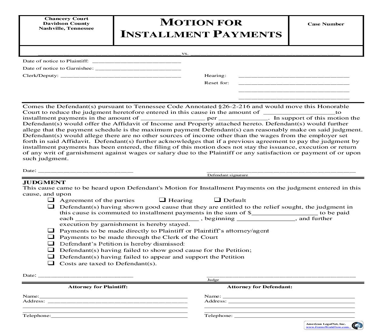 Motion To Pay Judgment By Installments (Print Double Sided Onto One Sheet) | Pdf Fpdf Doc Docx | Tennessee
