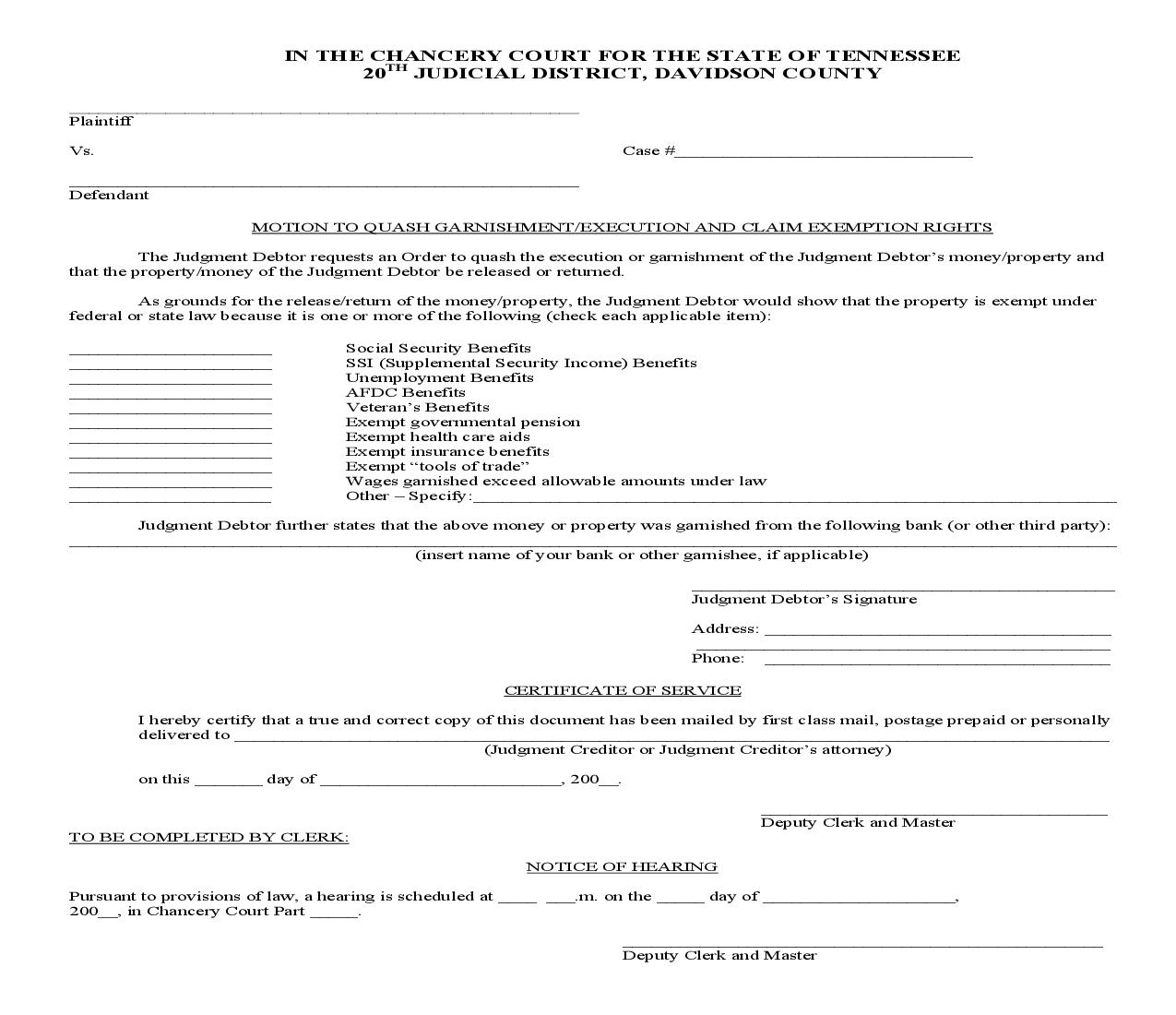 Motion To Quash Garnishment Or Execution And Claim Exemption Rights | Pdf Fpdf Doc Docx | Tennessee