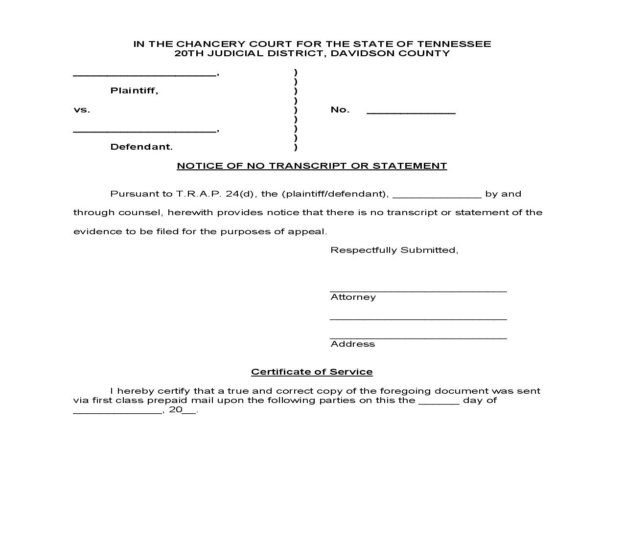 Notice Of No Transcript Or Statement | Pdf Fpdf Doc Docx | Tennessee