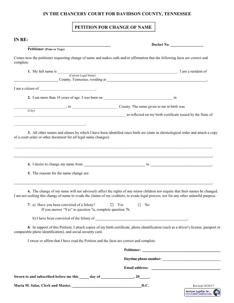 Petition For Change Of Name (Adult) | Pdf Fpdf Docx | Tennessee