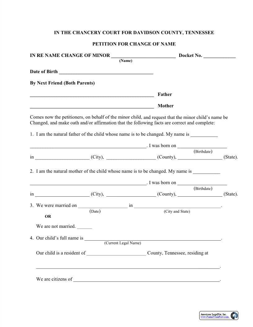 Petition For Change Of Name (Minor) | Pdf Fpdf Docx | Tennessee