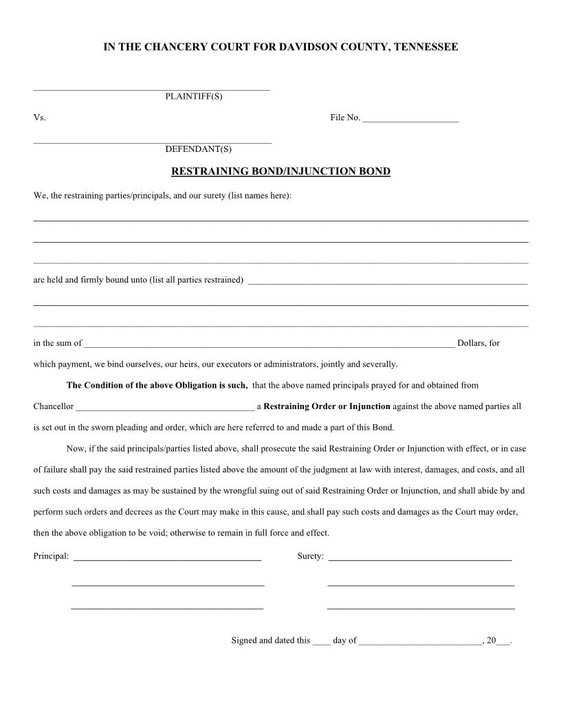 Restraining Bond Or Injunction Bond | Pdf Fpdf Doc Docx | Tennessee