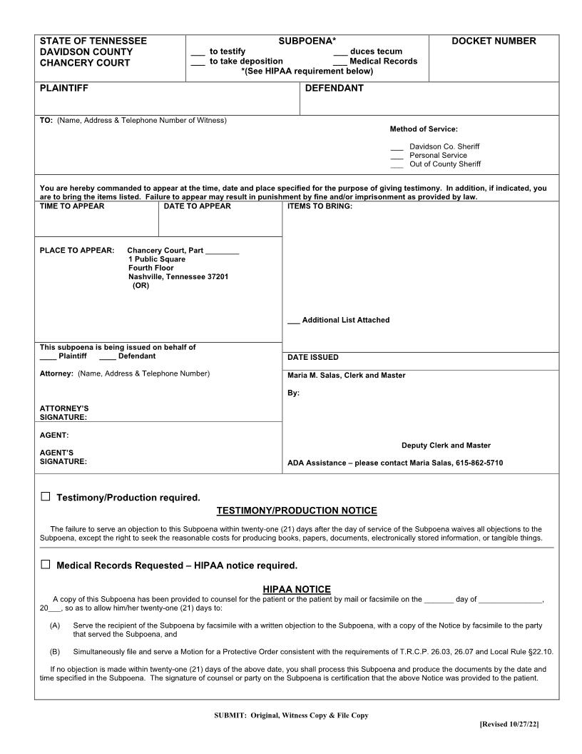 Subpoena (Order To Appear) | Pdf Fpdf Doc Docx | Tennessee