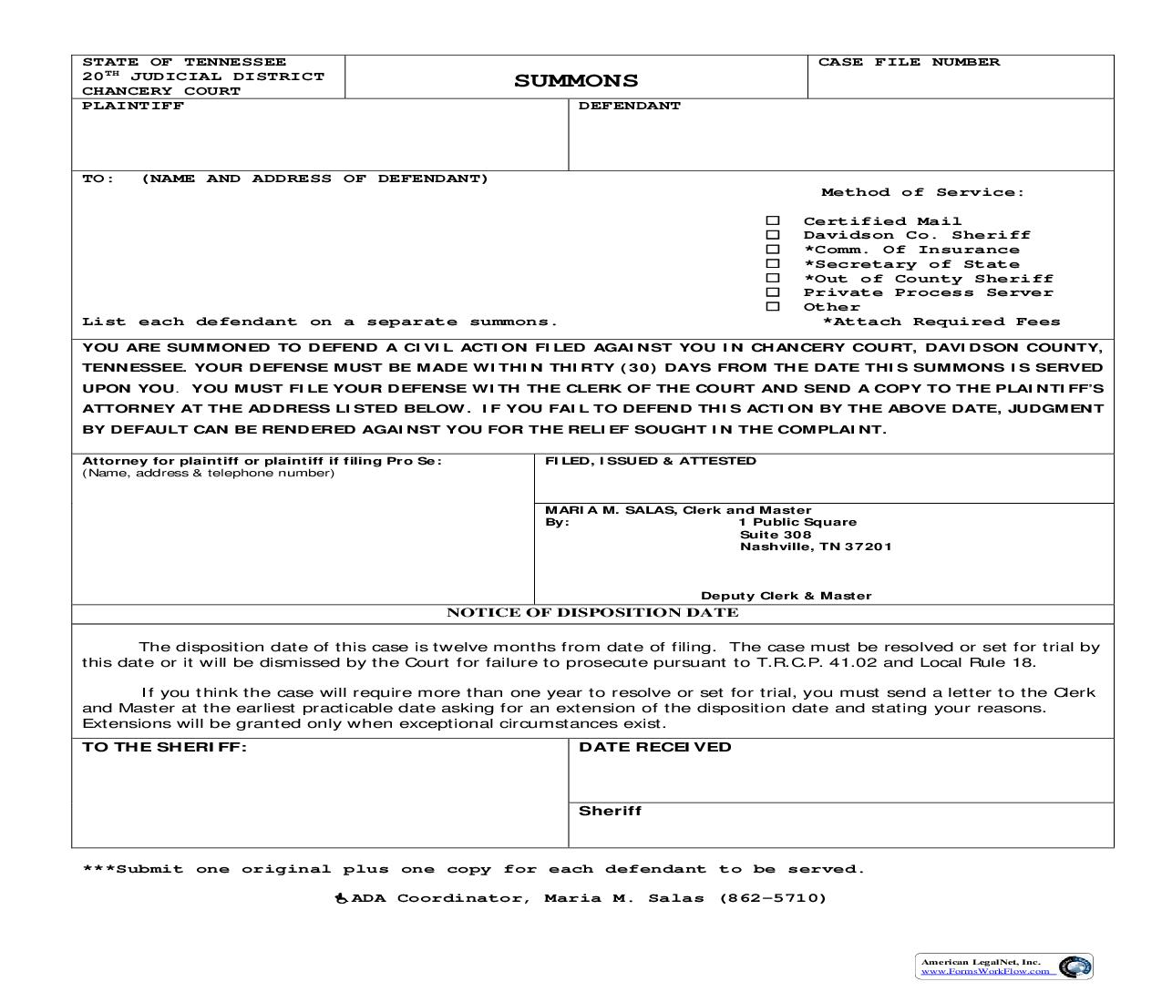 Summons (Print Double Sided Onto One Sheet) | Pdf Fpdf Doc Docx | Tennessee