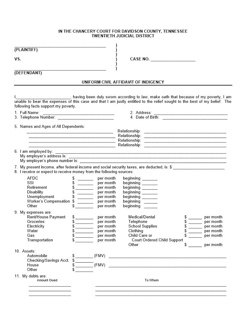 Uniform Civil Affidavit Of Indigency (Print Double Sided Onto One Sheet) | Pdf Fpdf Doc Docx | Tennessee