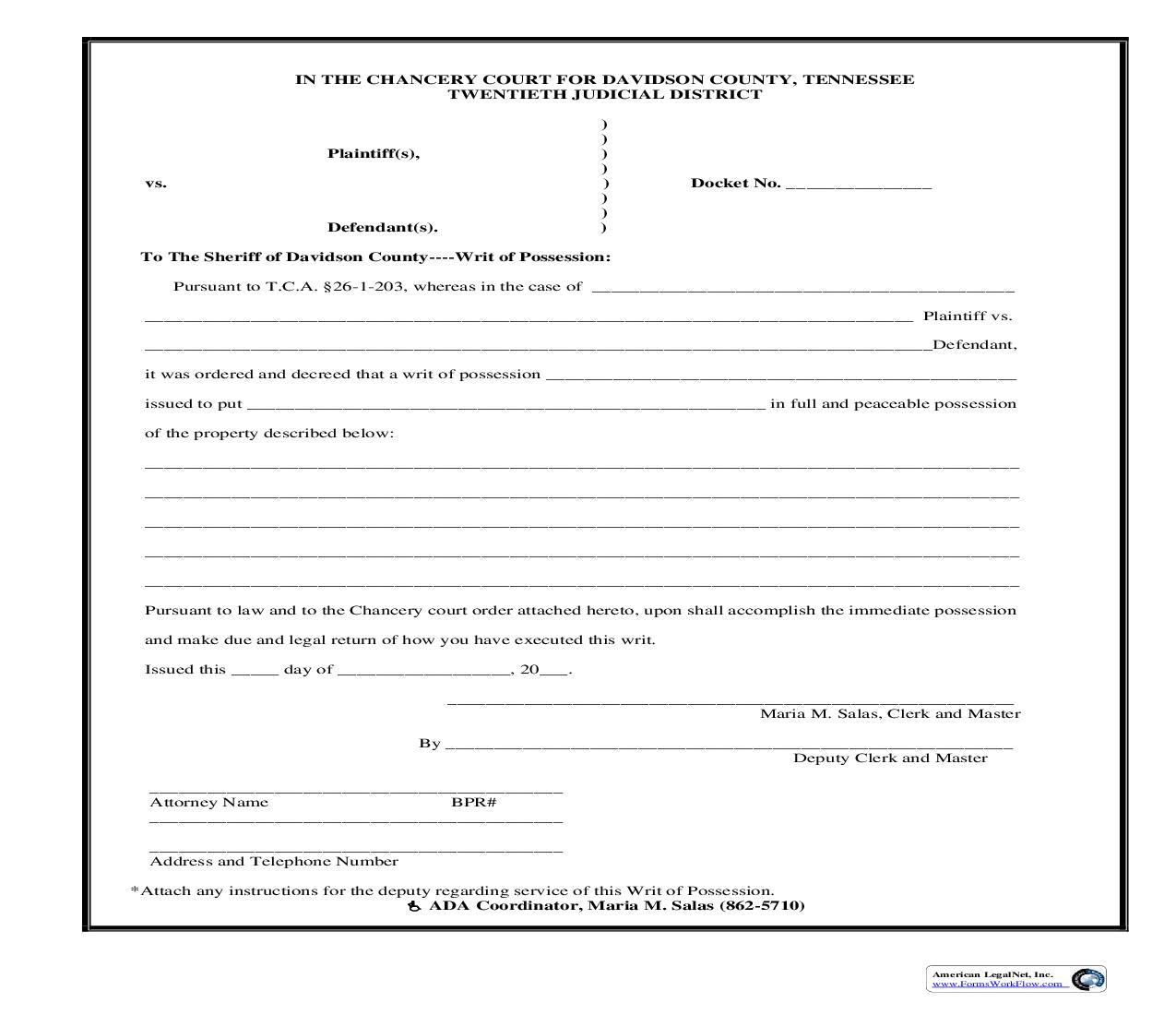 Writ Of Possession | Pdf Fpdf Doc Docx | Tennessee