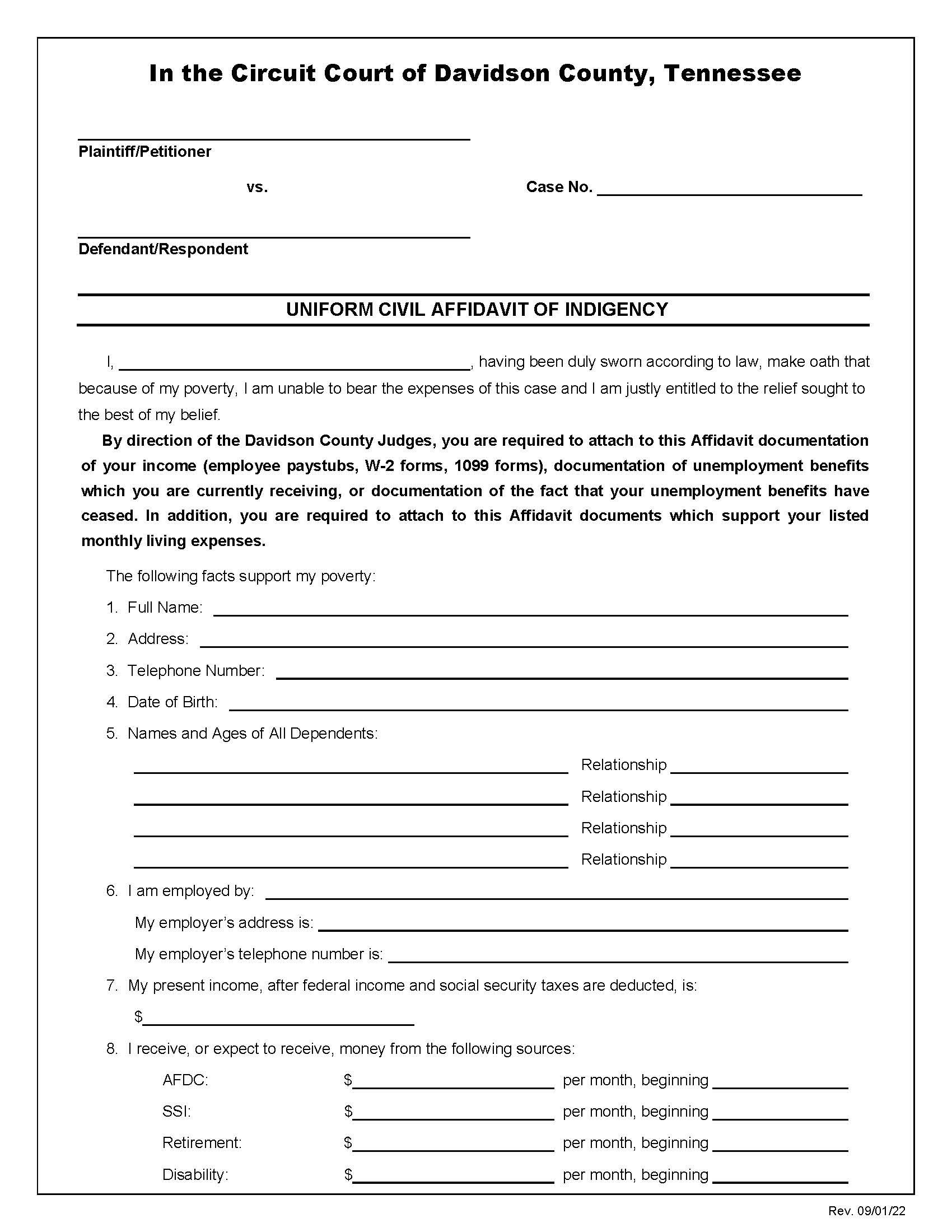 Affidavit Of Indigency | Pdf Fpdf Docx | Tennessee