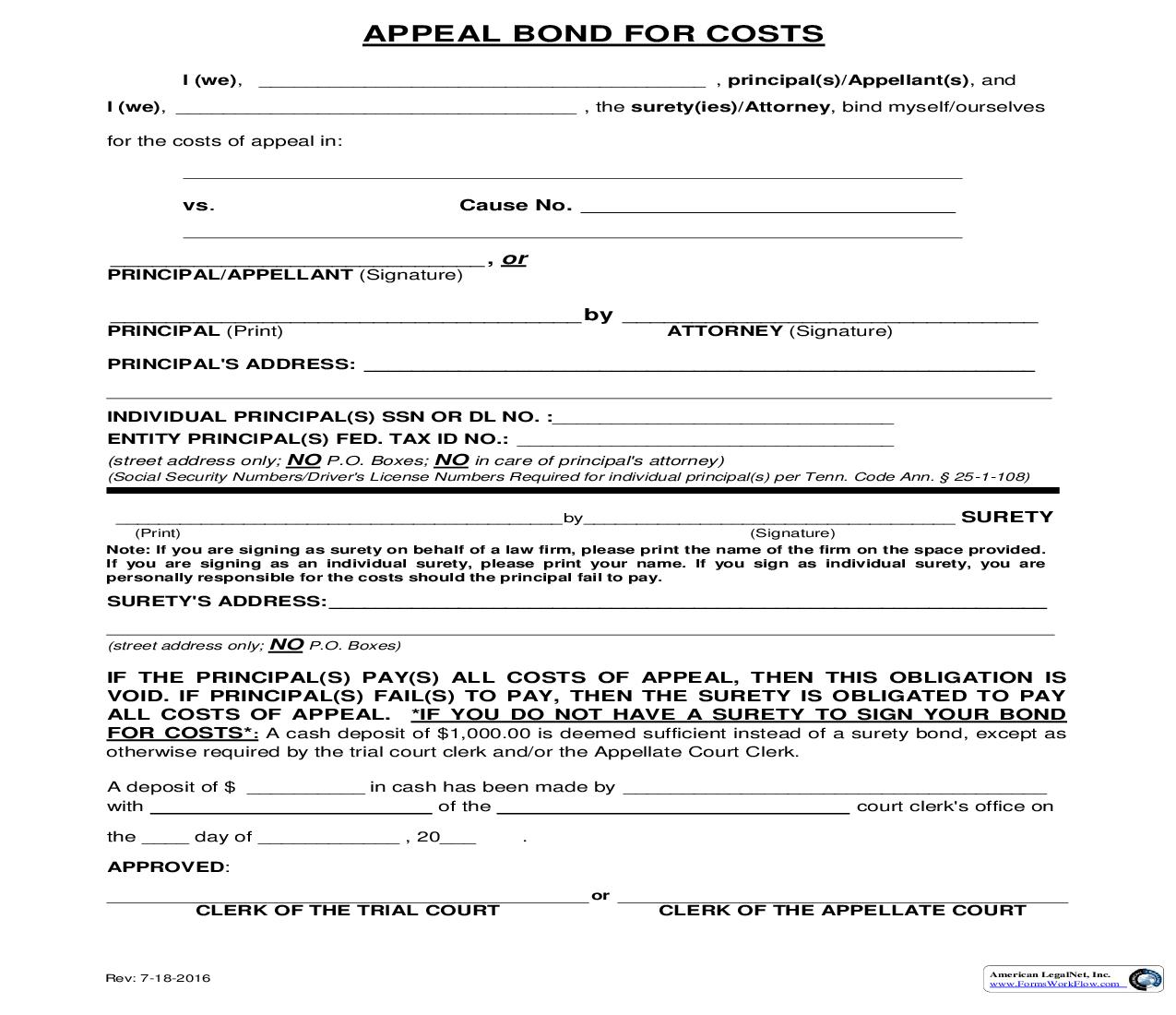 Appeal Bond For Costs | Pdf Fpdf Doc Docx | Tennessee