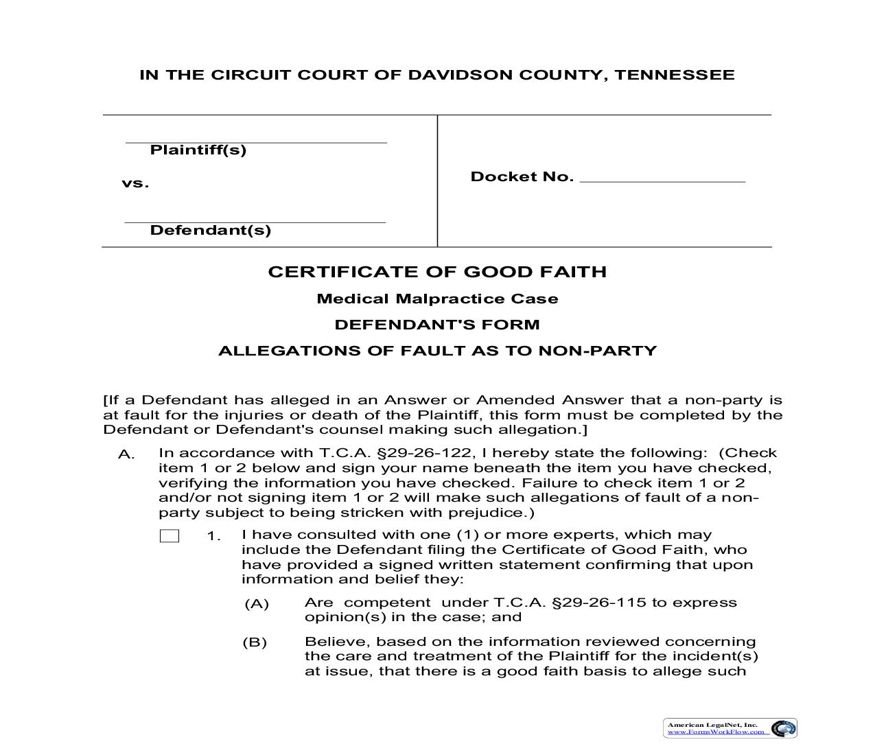 Certificate Of Good Faith - Defendant | Pdf Fpdf Doc Docx | Tennessee