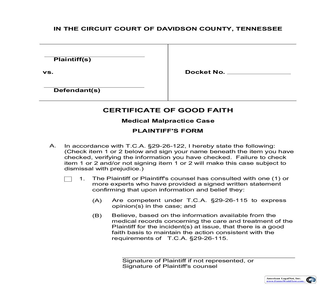 Certificate Of Good Faith - Plaintiff | Pdf Fpdf Doc Docx | Tennessee