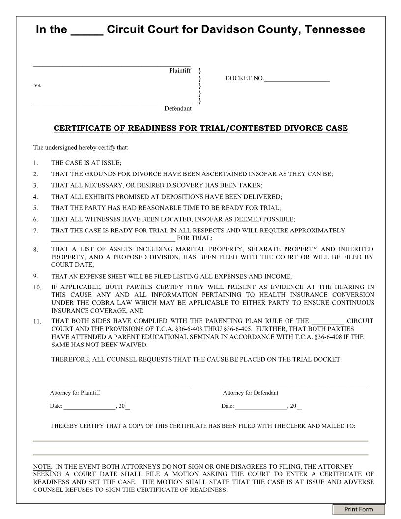 Certificate Of Readiness For Trial-Contested Divorce Case (4th Or 8th Circuit) | Pdf Fpdf Doc Docx | Tennessee