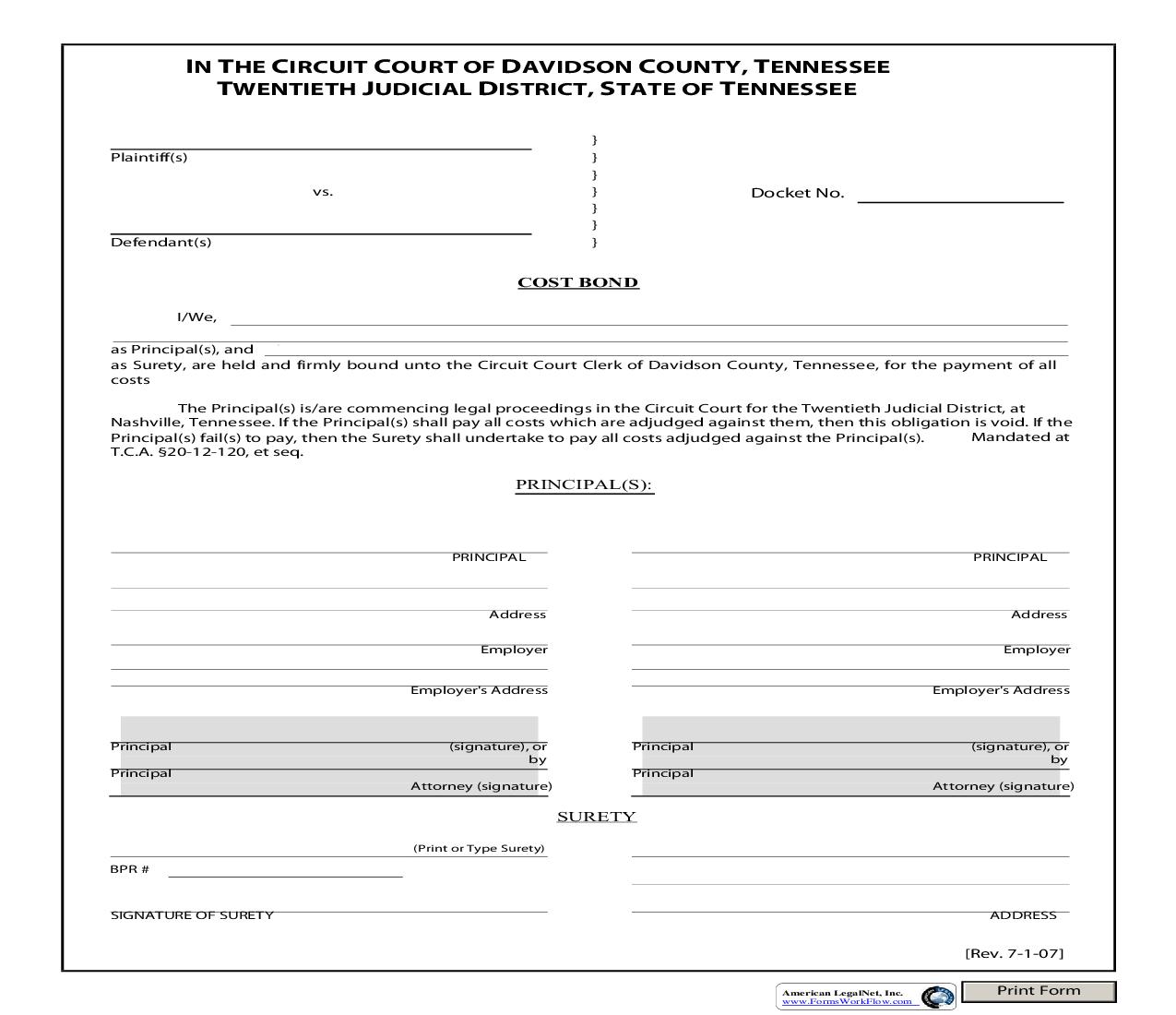 Cost Bond (Civil) | Pdf Fpdf Doc Docx | Tennessee