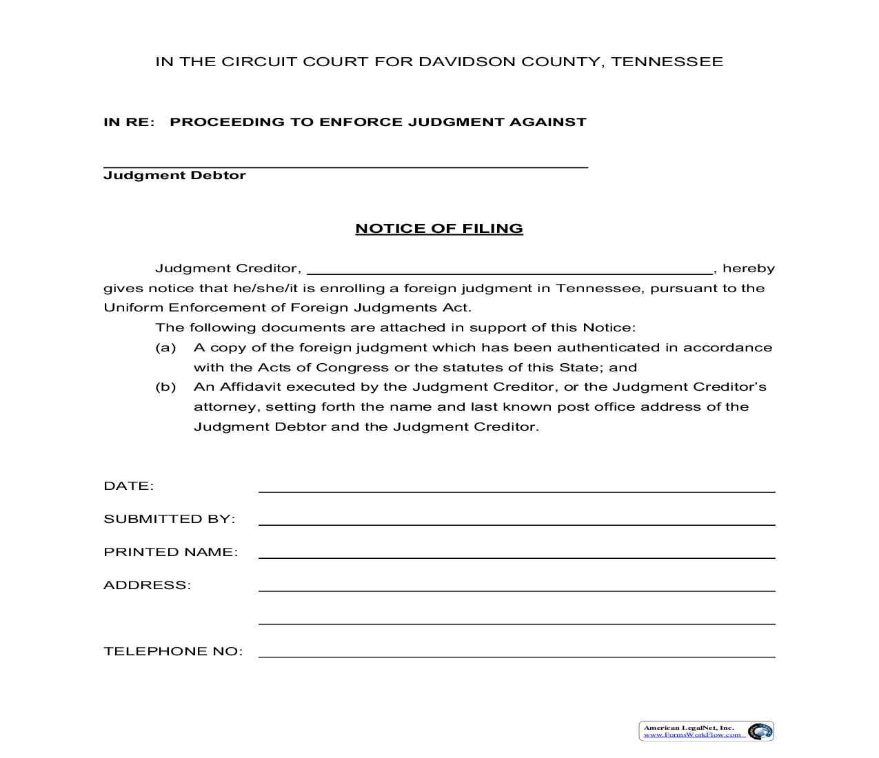 Foreign Judgment - Notice Of Filing | Pdf Fpdf Doc Docx | Tennessee