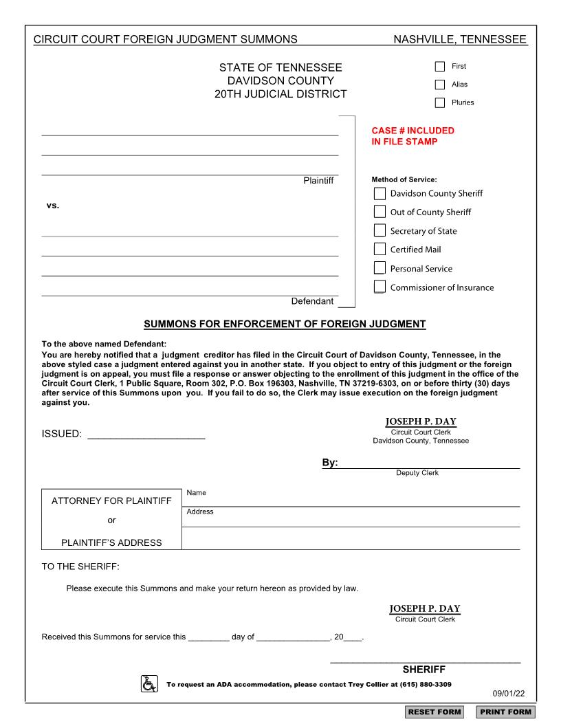 Foreign Judgment - Summons | Pdf Fpdf Doc Docx | Tennessee