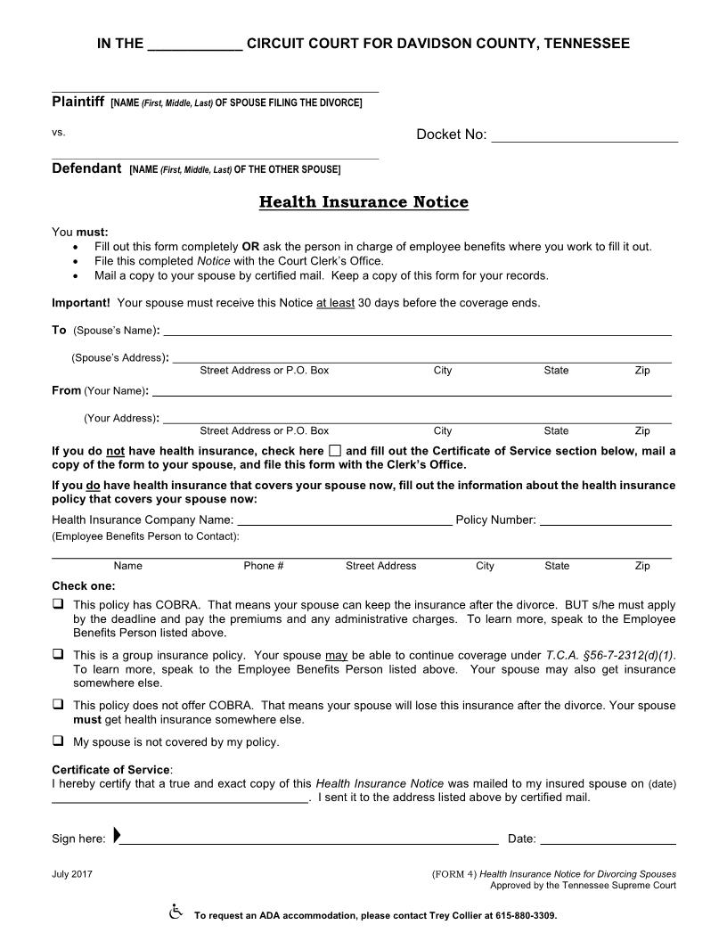 Health Insurance Notice(With Or Without Children) {Form 4} | Pdf Fpdf Doc Docx | Tennessee
