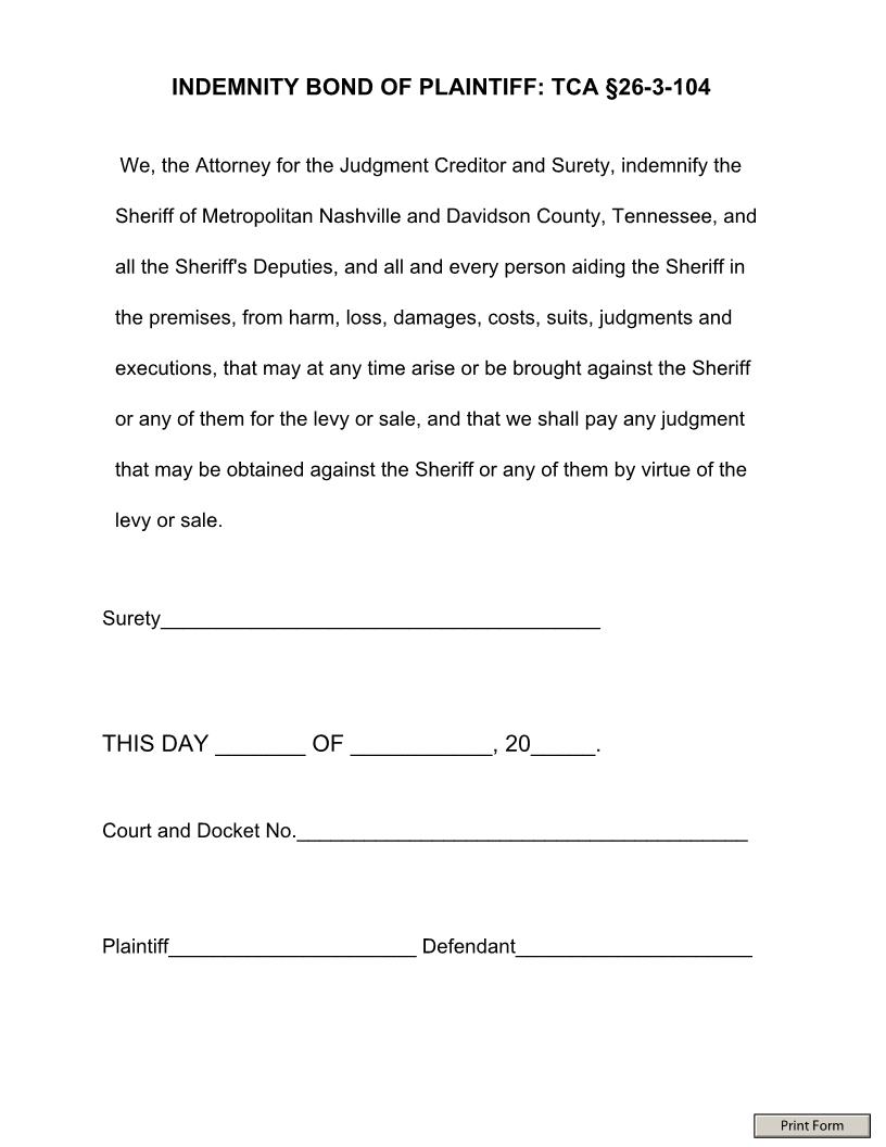 Indemnity Bond Of Plaintiff | Pdf Fpdf Doc Docx | Tennessee