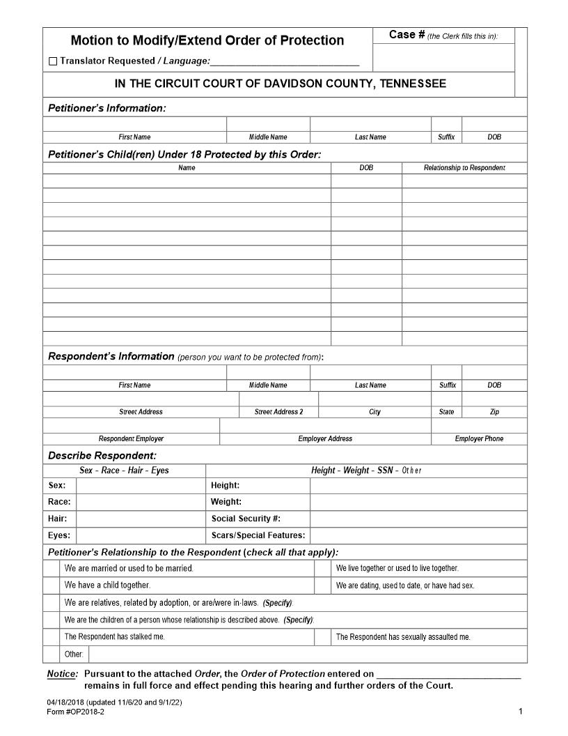 Motion To Modify Or Extend Order Of Protection | Pdf Fpdf Docx | Tennessee