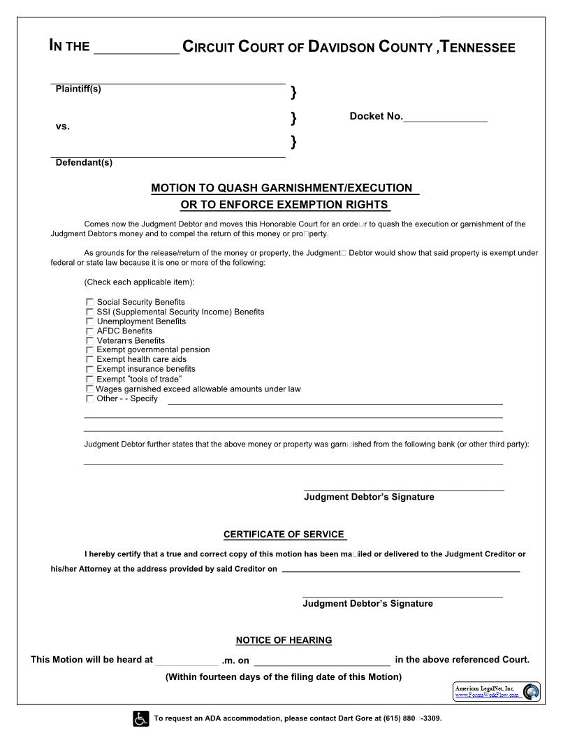 Motion To Quash Garnishment Or Execution Or To Enforce Exemption Rights | Pdf Fpdf Docx | Tennessee