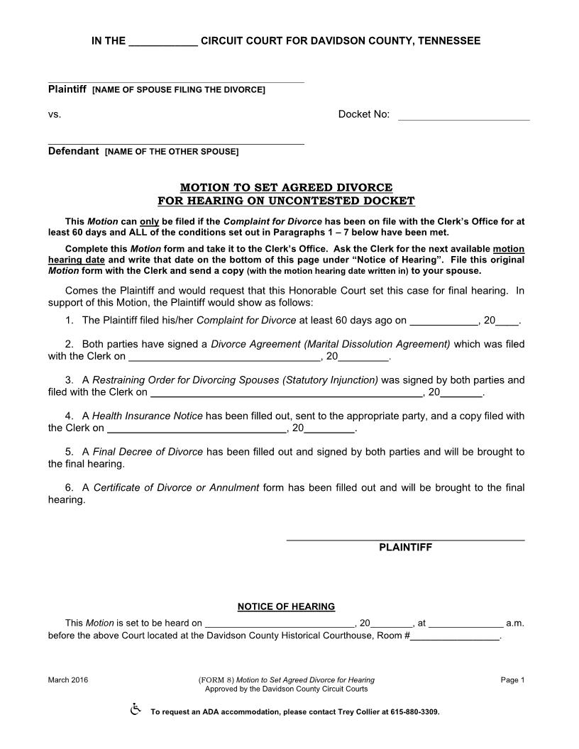Motion To Set Agreed Divorce For Hearing | Pdf Fpdf Doc Docx | Tennessee