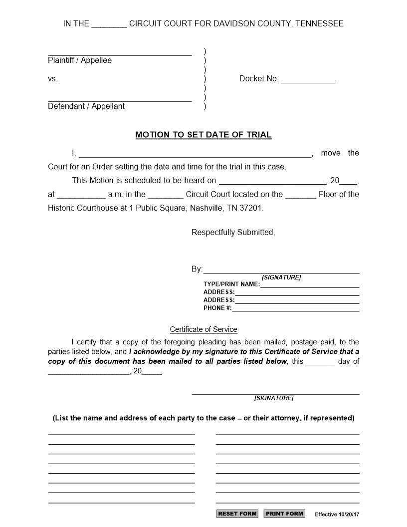 Motion To Set Trial Date | Pdf Fpdf Docx | Tennessee