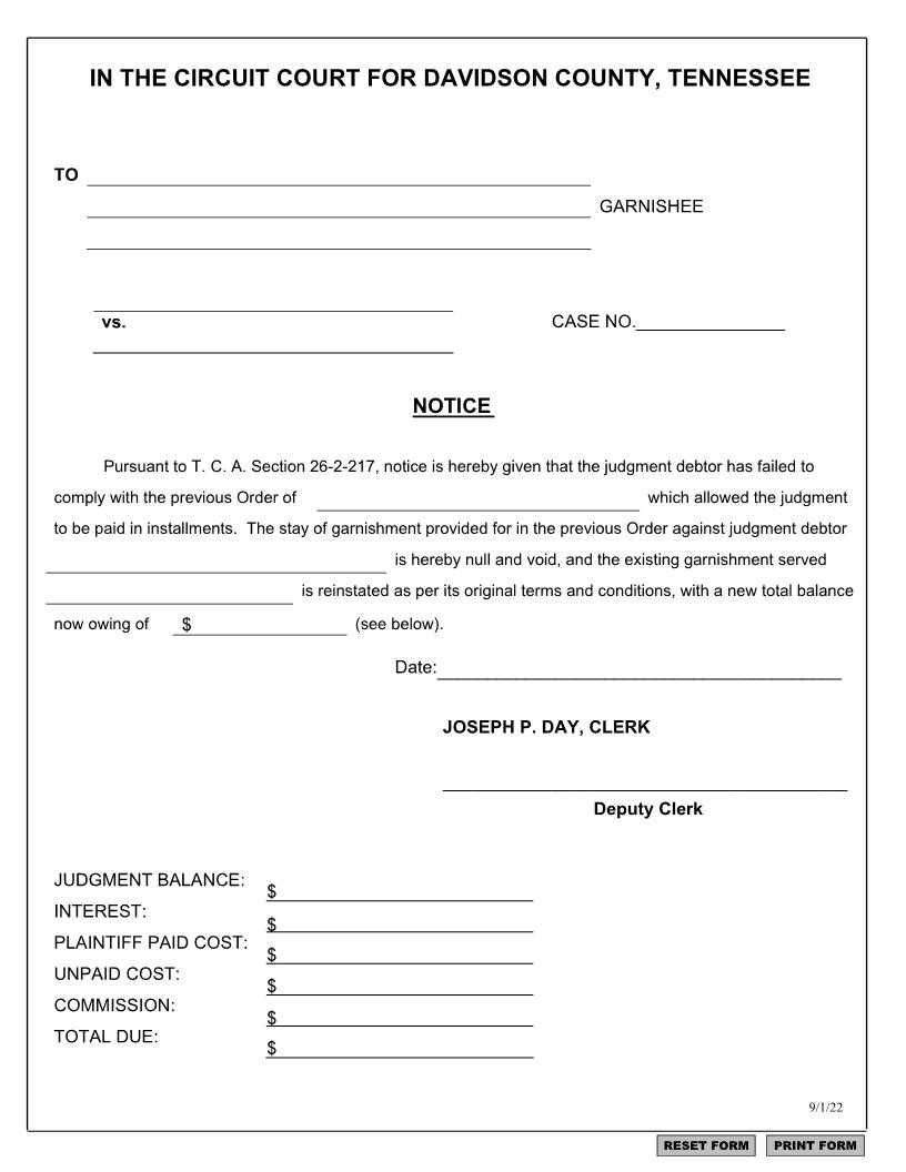 Notice (To Reinstate Garnishment) Pursuant To TCA Section 26-2-217 | Pdf Fpdf Docx | Tennessee