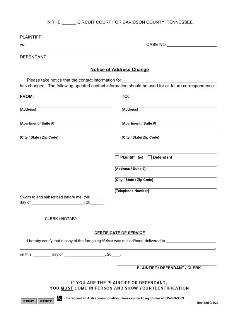 Notice Of Address Change | Pdf Fpdf Docx | Tennessee