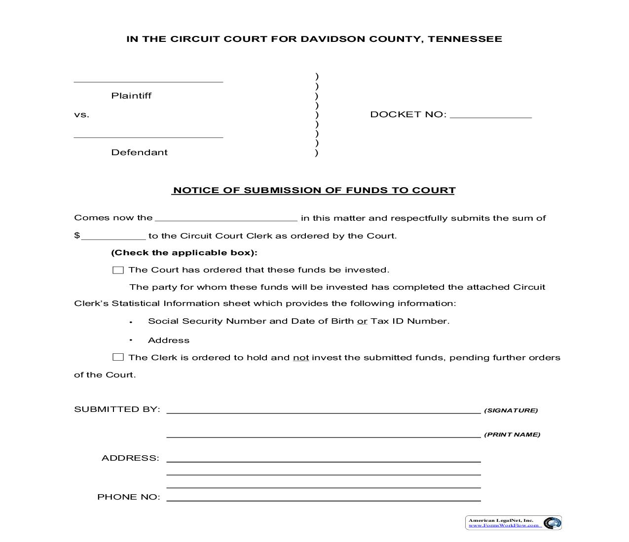 Notice Of Submission Of Funds To The Court | Pdf Fpdf Doc Docx | Tennessee
