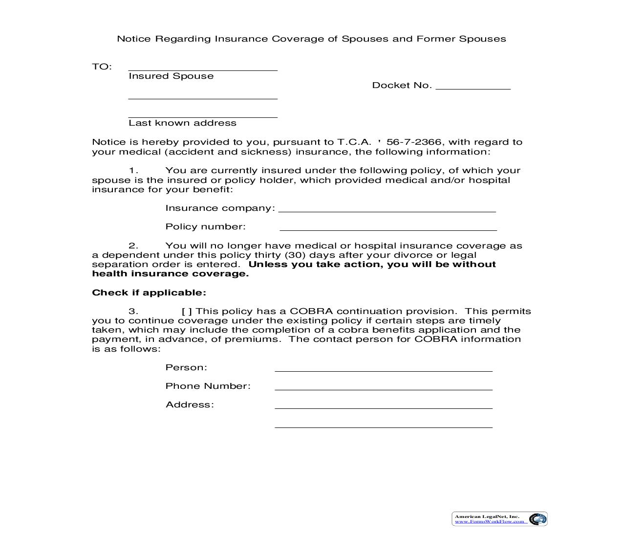 Notice Regarding Insurance Coverage Of Spouses And Former Spouses | Pdf Fpdf Doc Docx | Tennessee