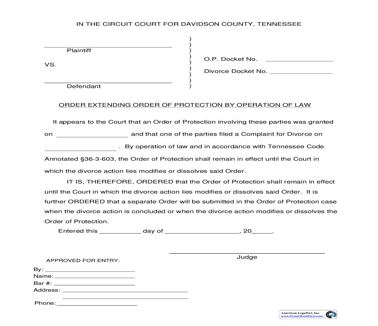 Order Extending Order Of Protection By Operation Of Law | Pdf Fpdf Doc Docx | Tennessee