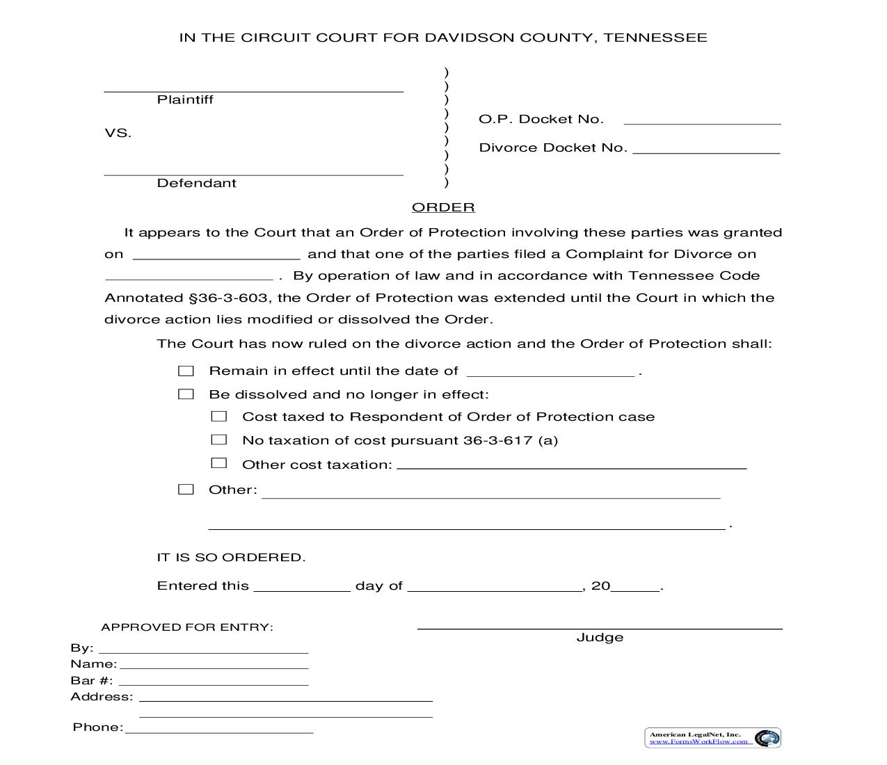 Order Of Protection -  Status Order Upon Entry of Final Divorce Decree | Pdf Fpdf Doc Docx | Tennessee