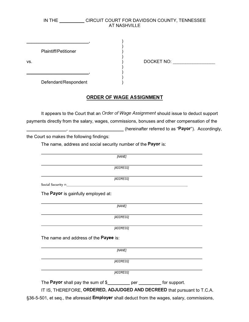 Order Of Wage Assignment | Pdf Fpdf Docx | Tennessee
