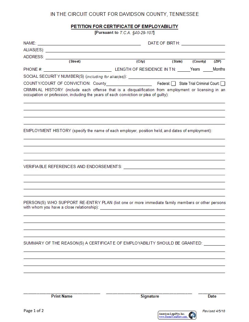 Petition For Certificate Of Employability | Pdf Fpdf Docx | Tennessee