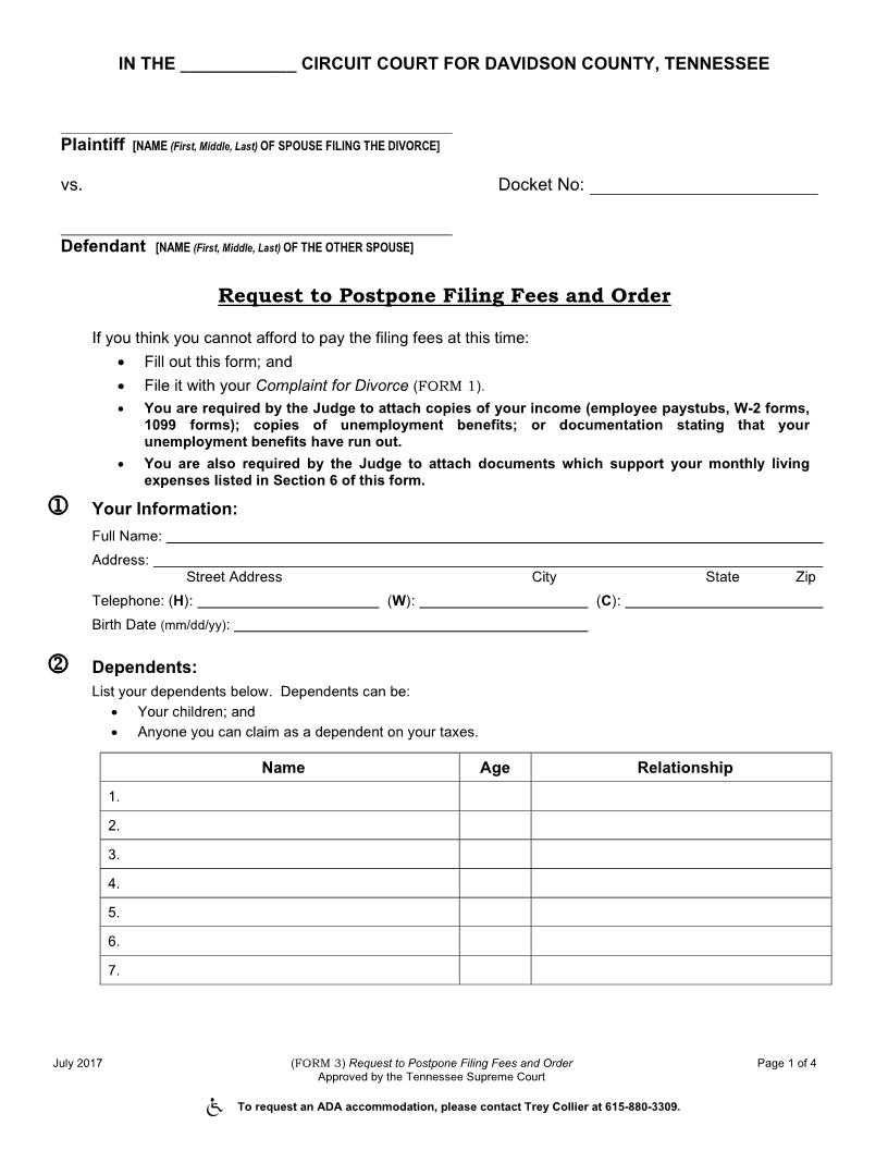 Request to Postpone Filing Fees and Order {Form 3} | Pdf Fpdf Docx | Tennessee