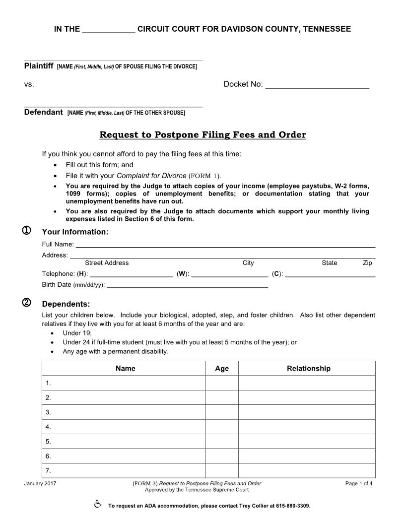 Request to Postpone Filing Fees and Order (With Children) {Form 3} | Pdf Fpdf Docx | Tennessee