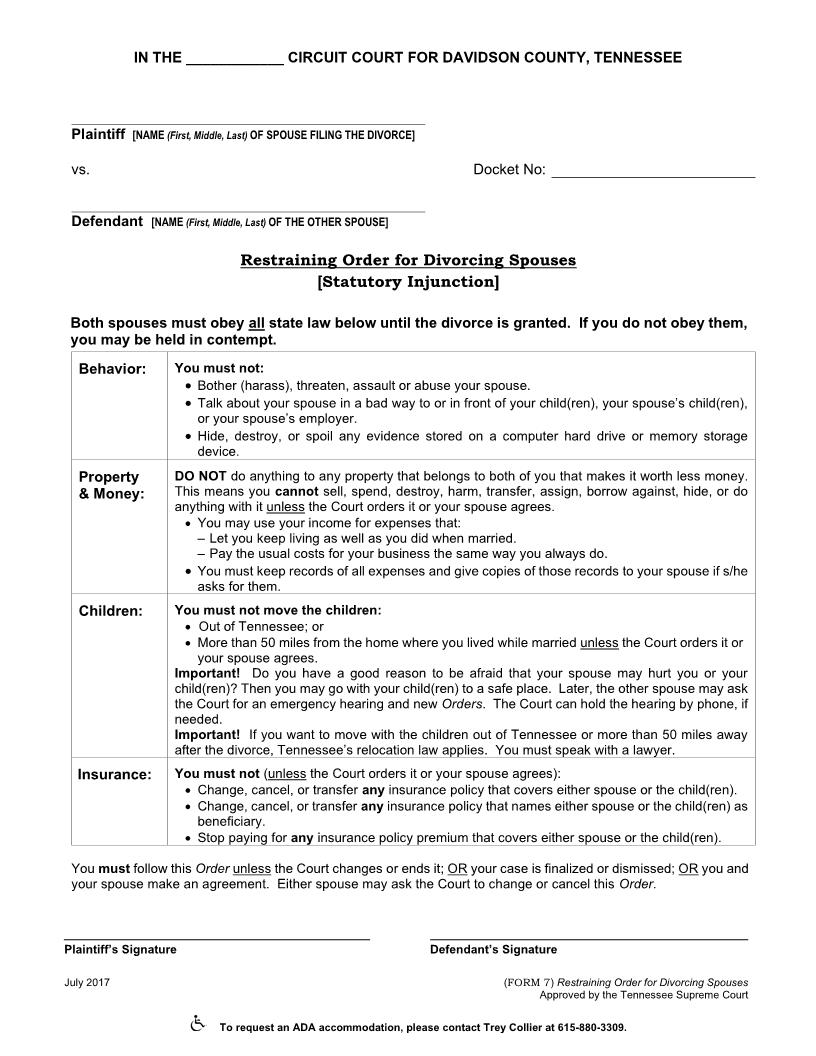 Restraining Order | Pdf Fpdf Doc Docx | Tennessee
