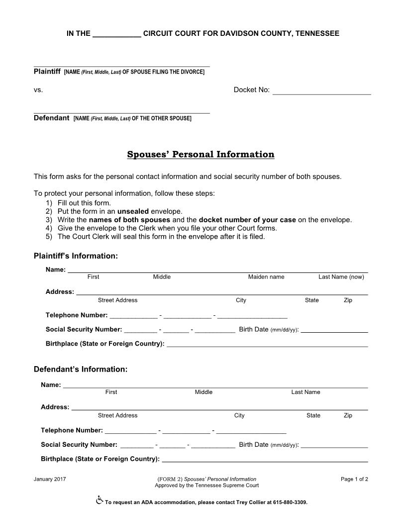Spouses Personal Information (With Children) {Form 2} | Pdf Fpdf Doc Docx | Tennessee
