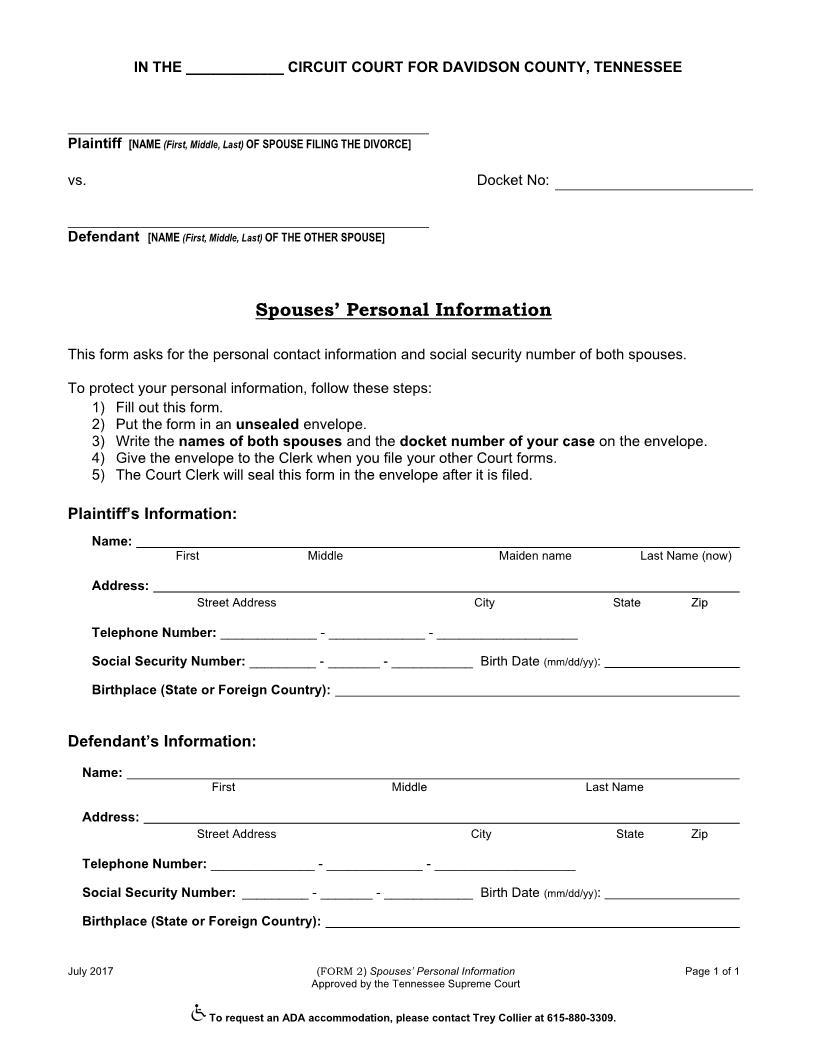 Spouses Personal Information Without Children | Pdf Fpdf Docx | Tennessee