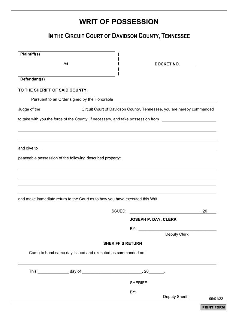 Writ Of Possession | Pdf Fpdf Doc Docx | Tennessee