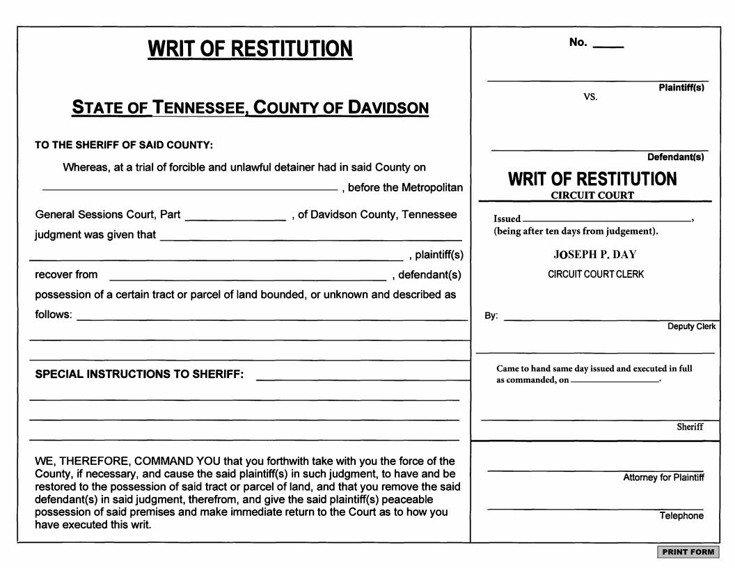 Writ Of Restitution | Pdf Fpdf Docx | Tennessee