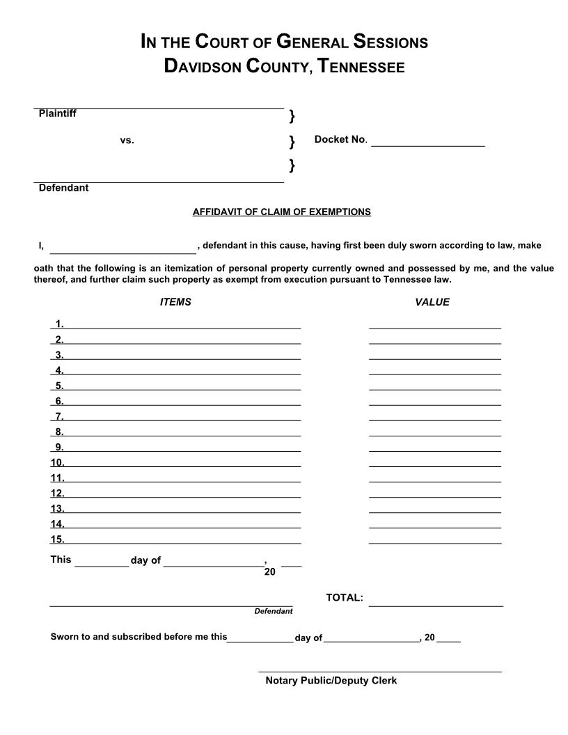 Affidavit Of Claim Of Exemptions | Pdf Fpdf Docx | Tennessee