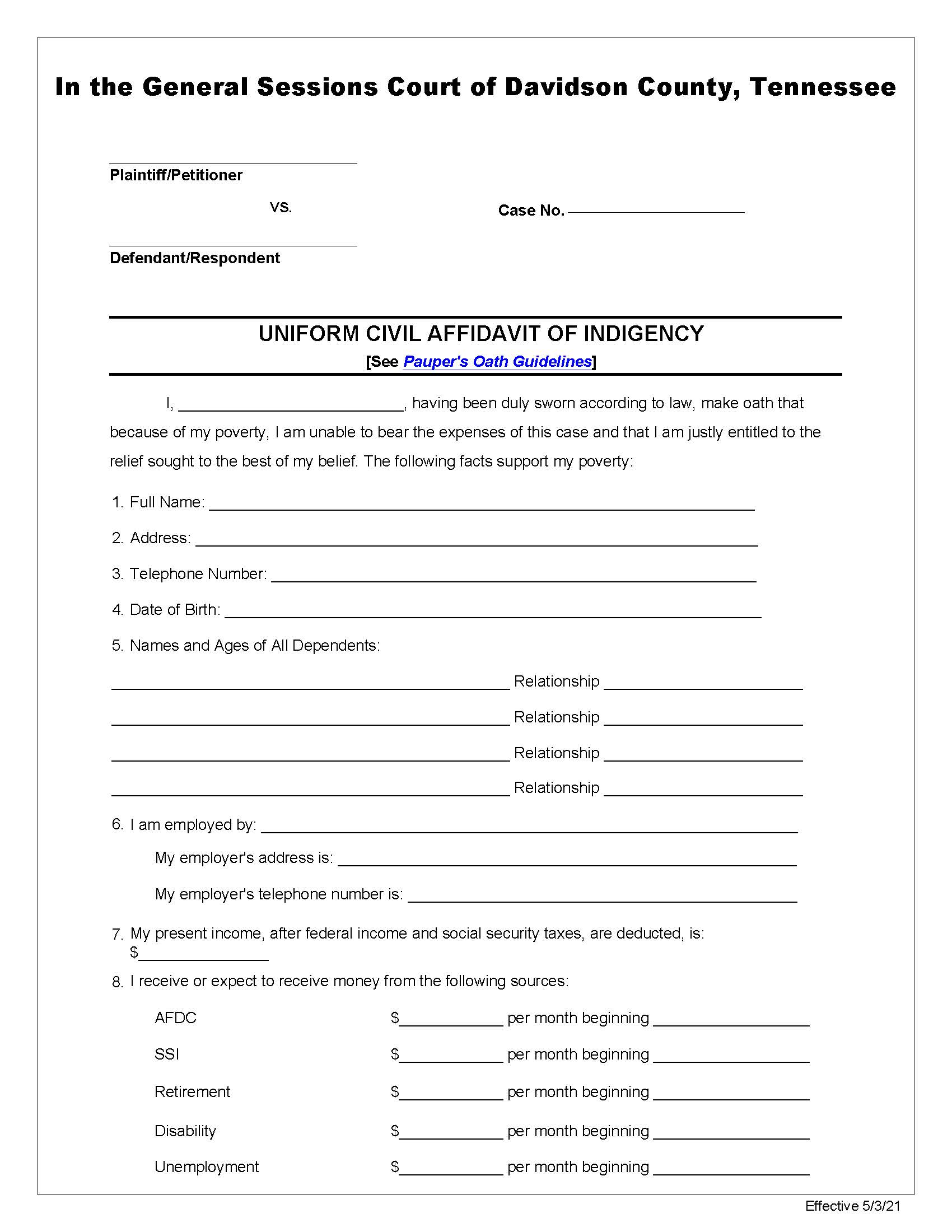 Affidavit Of Indigency | Pdf Fpdf Docx | Tennessee