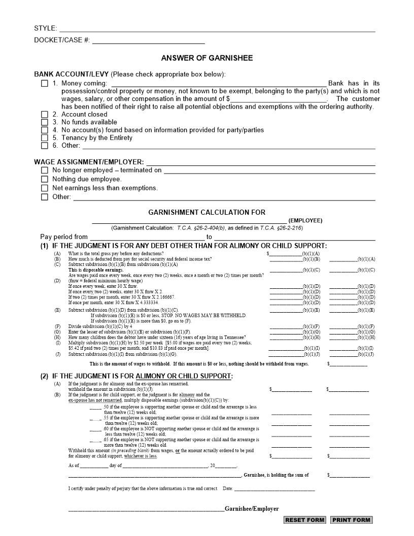 Answer of Garnishee | Pdf Fpdf Docx | Tennessee
