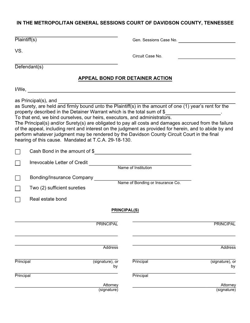 Appeal Bond For Detainer Action | Pdf Fpdf Docx | Tennessee