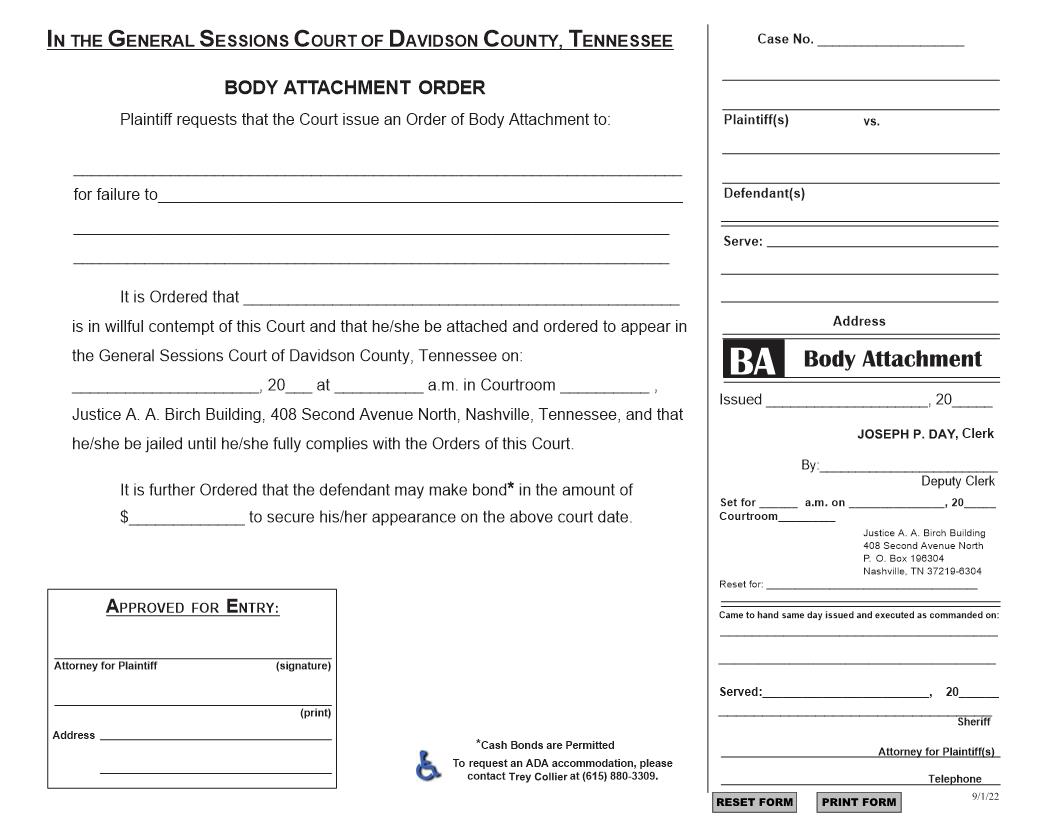 Body Attachment Order | Pdf Fpdf Docx | Tennessee