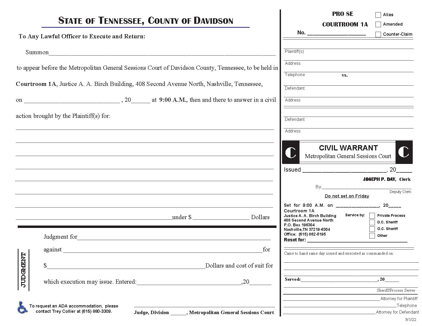 Civil Warrant Courtroom 1A Pro Se | Pdf Fpdf Docx | Tennessee
